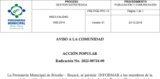 Acción Popular No. 2022-00724-00 – Personería Municipal de Briceño