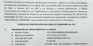 Licencia de construcción para obras de urbanismo No.010 Municipio de Otanche